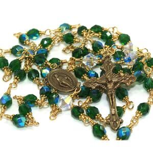 Hand-Made Five Decade Catholic Rosary, Golden Brass Wire Wrapped